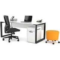 olg anvil home office package, white and black frame desk, chair, stool and roll tambour