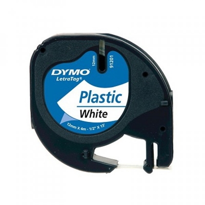 Image for DYMO LETRATAG TAPE PLASTIC BLACK ON WHITE 12mm x 4m #91201 from Aztec Office National