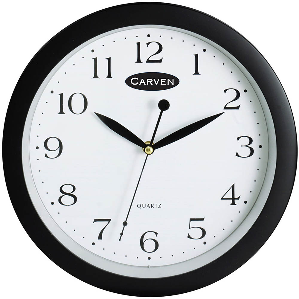Image for CARVEN WALL CLOCK 250MM BLACK FRAME from Office National Hobart