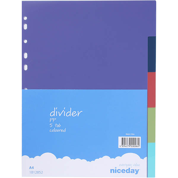 Image for NICEDAY PP DIVIDER 5-TAB A4 ASSORTED from Darwin Business Machines Office National