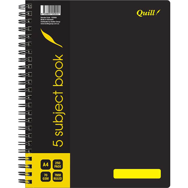 Image for QUILL Q596 5-SUBJECT NOTE BOOK SPIRALBOUND 70GSM A4 250 PAGE BLACK from Angletons Office National