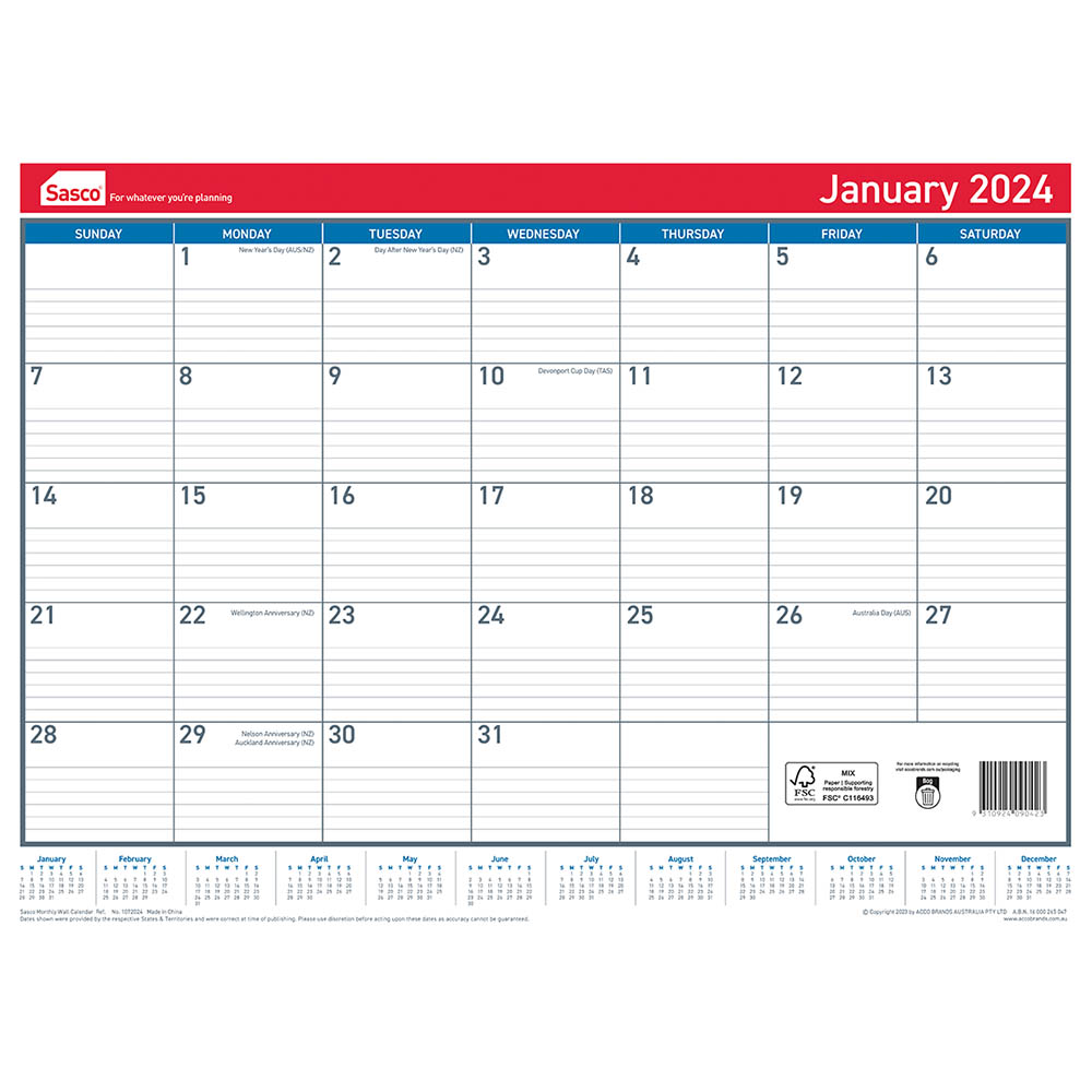 Image for SASCO 10720 DELUXE 512 X 376MM DESK AND WALL PLANNER from Connelly's Office National