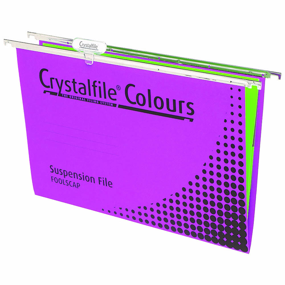 Image for CRYSTALFILE COLOURS SUSPENSION FILES FOOLSCAP PURPLE BOX 10 from Discount Office National