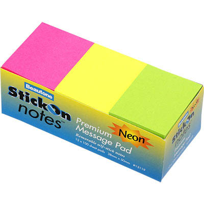 Image for STICK-ON NOTES 50 SHEETS 38 X 50MM NEON ASSORTED PACK 12 from Mackay Business Machines (MBM) Office National