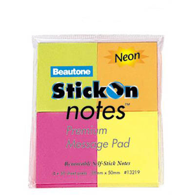 Image for STICK-ON NOTES 50 SHEETS 38 X 50MM NEON ASSORTED PACK 4 from Office National Limestone Coast