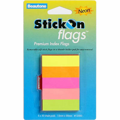 Image for STICK-ON FLAGS 50 SHEETS 15 X 50MM NEON ASSORTED PACK 5 from Emerald Office Supplies Office National