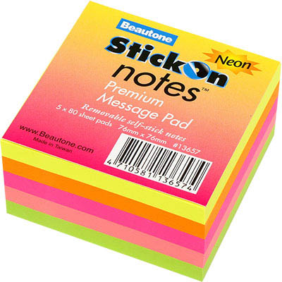 Image for STICK-ON NOTES 80 SHEETS 76 X 76MM NEON ASSORTED from Mackay Business Machines (MBM) Office National