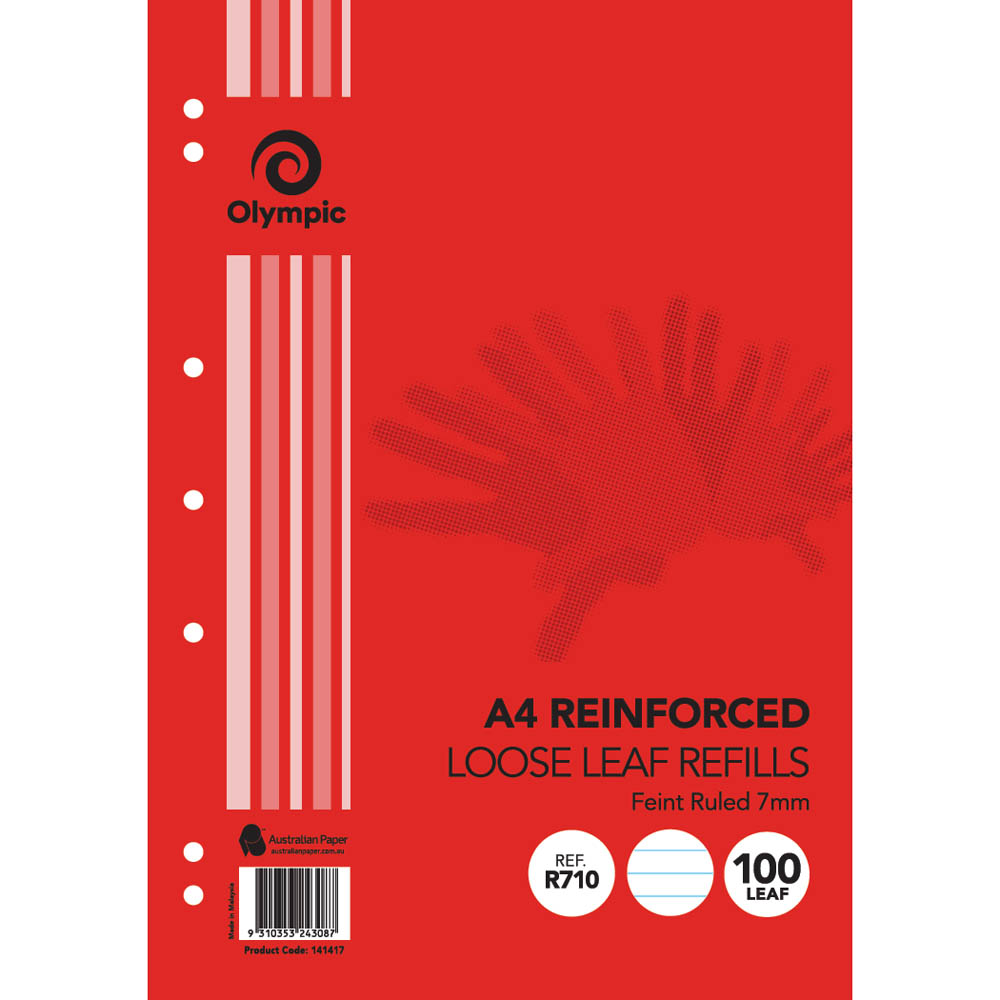 Image for OLYMPIC R710 REINFORCED LOOSE LEAF REFILL 7MM FEINT RULED 55GSM A4 PACK 100 from Office National Perth CBD