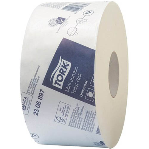 Image for TORK 2306897 T2 UNIVERSAL MINI JUMBO TOILET ROLL 1-PLY 400M WHITE CARTON 12 from PaperChase Office National