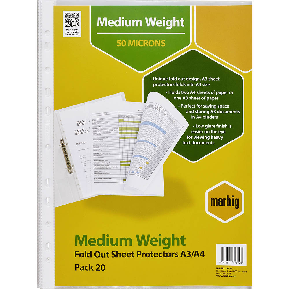 Image for MARBIG MEDIUMWEIGHT COPYSAFE SHEET PROTECTORS FOLD OUT A4 PACK 20 from Mackay Business Machines (MBM) Office National