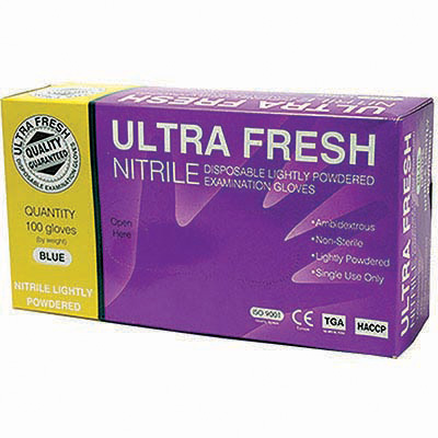 Image for ULTRA FRESH NITRILE POWDER GLOVES EXTRA LARGE BOX 100 from Office National Balcatta