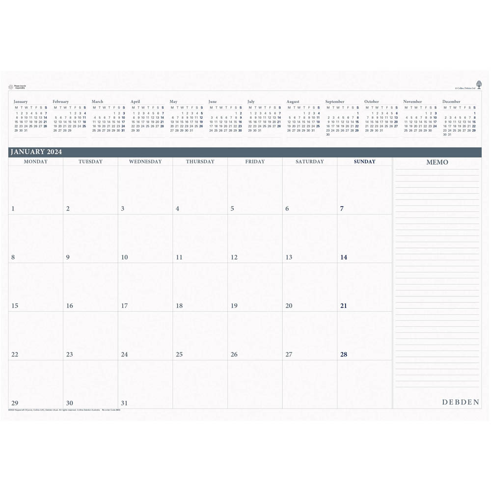 Image for DEBDEN TABLE TOP PLANNER 3902.CRF REFILL PAD MONTH TO VIEW 370 X 530MM from Office National Perth CBD