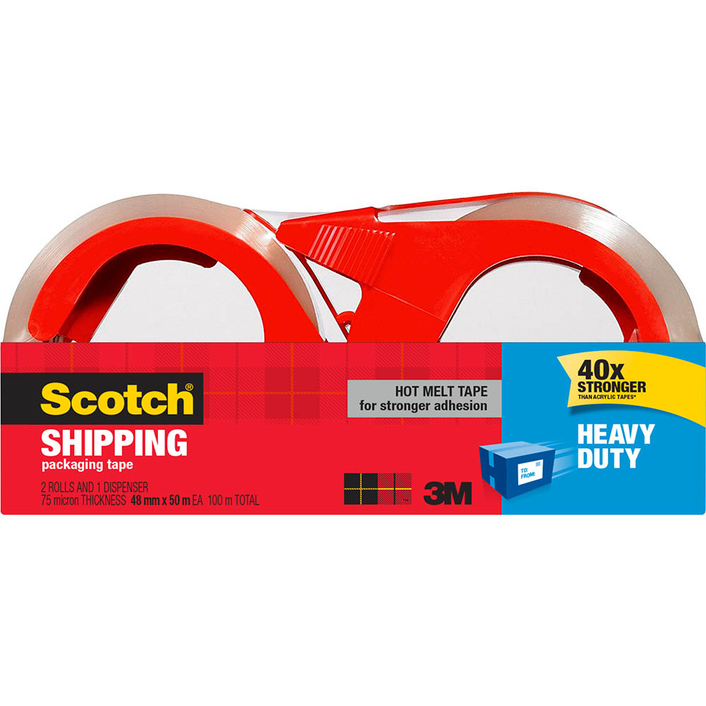 Image for SCOTCH 3850-2-1RD-AU HEAVY DUTY SHIPPING PACKAGING TAPE WITH DISPENSER 48MM X 50M PACK 2 from Two Bays Office National