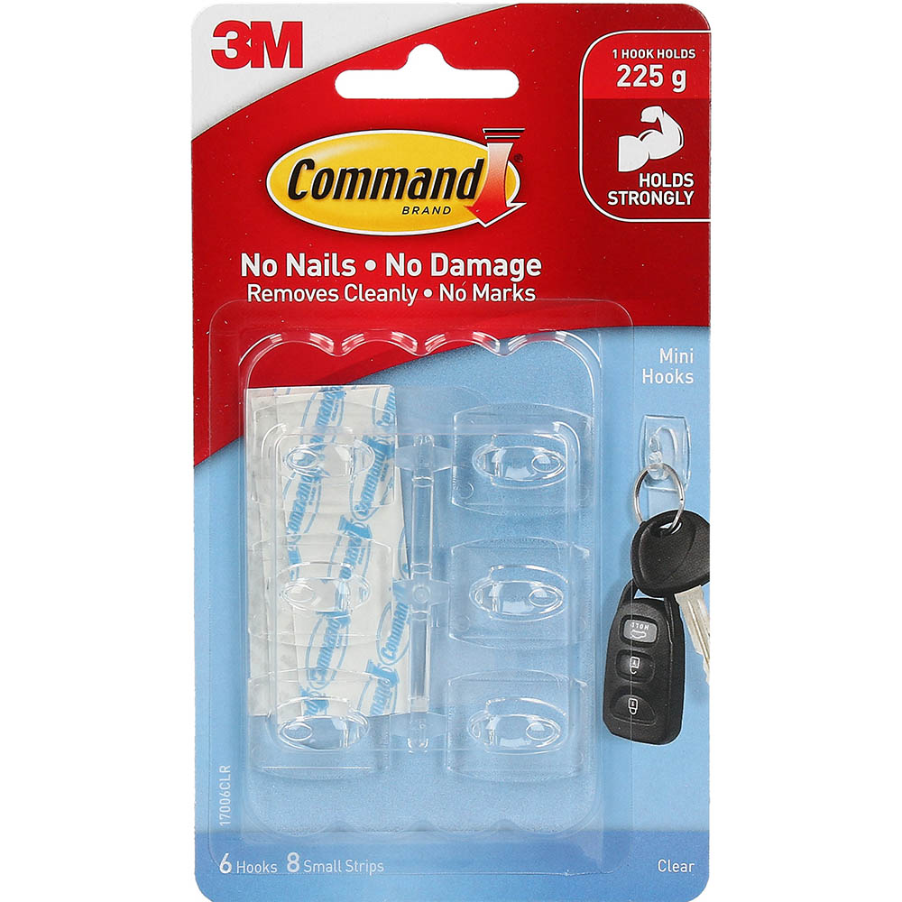 Image for COMMAND ADHESIVE MINI CLEAR HOOKS WITH CLEAR STRIPS from Connelly's Office National