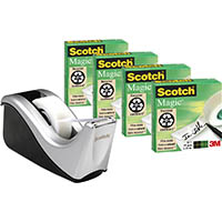 scotch c60-st4 desktop tape dispenser silvertech silver/black plus 4 rolls of magic tape