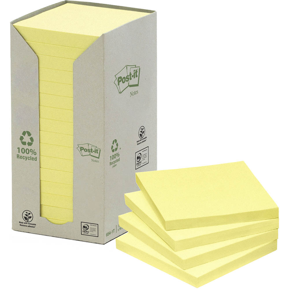 Image for POST-IT 654-1T 100% RECYCLED NOTES 76 X 76MM YELLOW PACK 16 from Paul John Office National