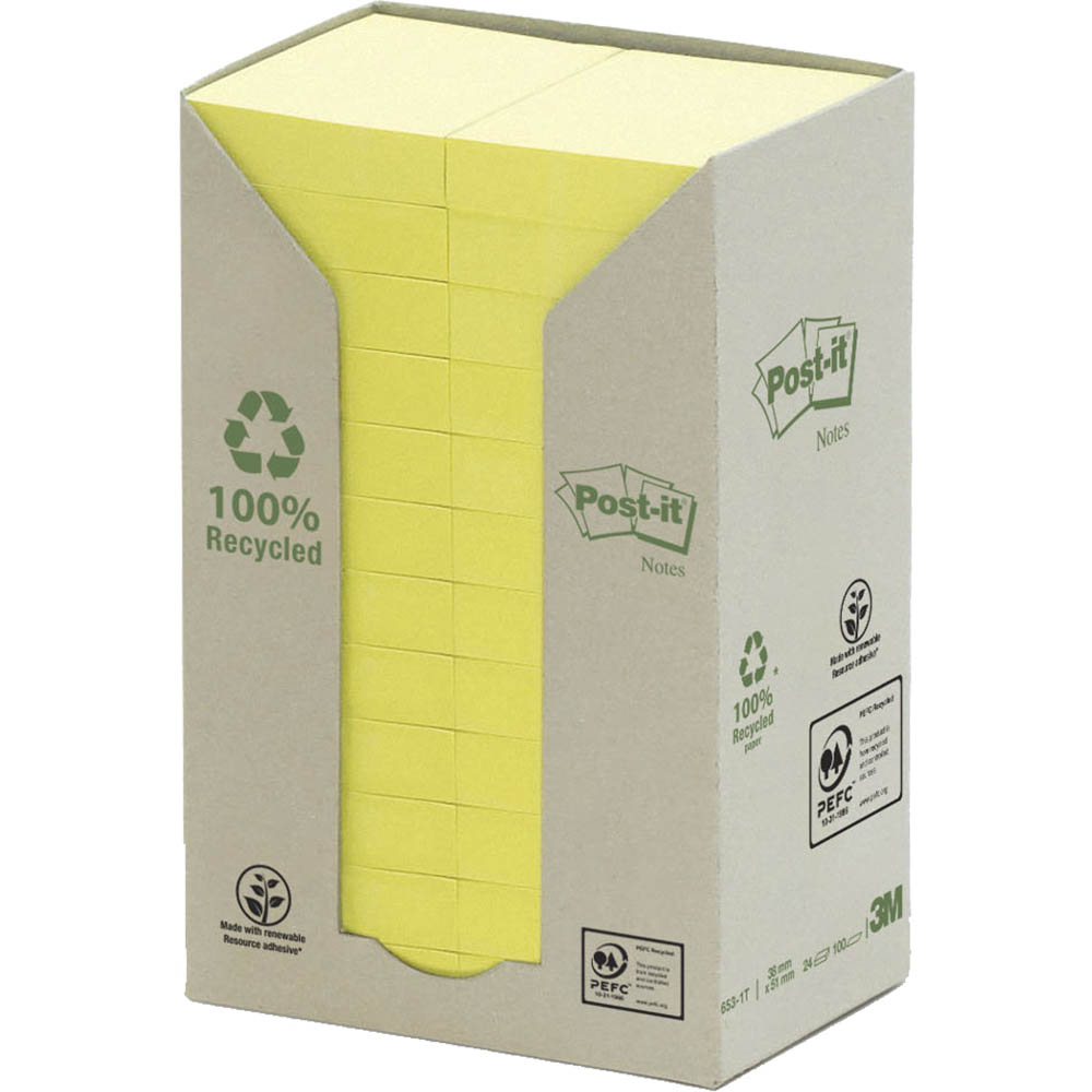Image for POST-IT 653-1RTY 100% RECYCLED NOTES 38 X 51MM YELLOW PACK 24 from Discount Office National