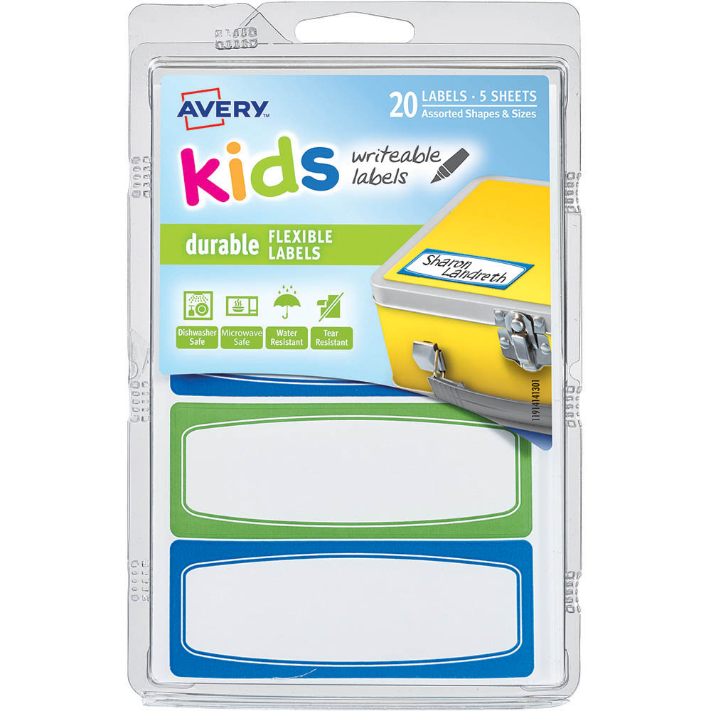 Image for AVERY 41413 KIDS WRITEABLE LABELS RECTANGULAR ASSORTED BLUE/GREEN PACK 20 from Office National Perth CBD