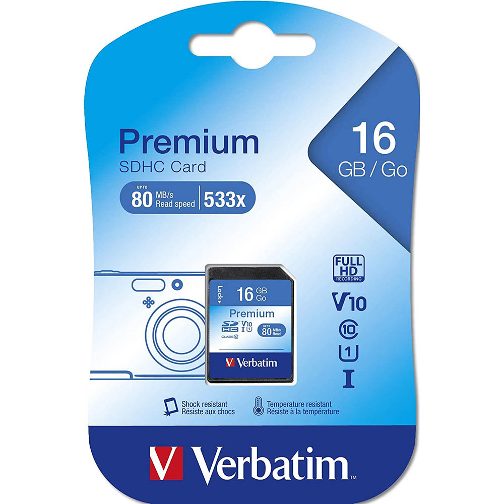 Image for VERBATIM PREMIUM SDHC MEMORY CARD CLASS 10 16GB from Surry Office National