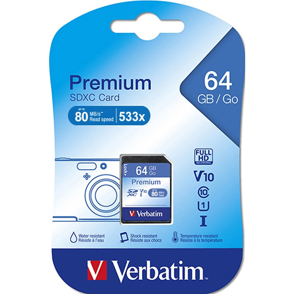 Image for VERBATIM PREMIUM SDXC MEMORY CARD UHS-I V10 U1 CLASS 10 64GB from Office National Hobart
