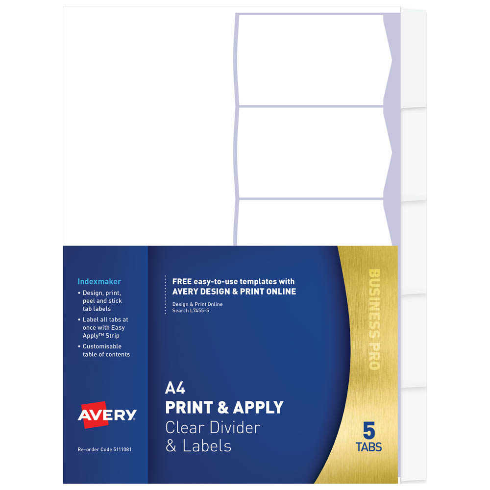 Image for AVERY 5111081 L7455-5 DIVIDER PRINT AND APPLY 5-TAB CLEAR from Aztec Office National