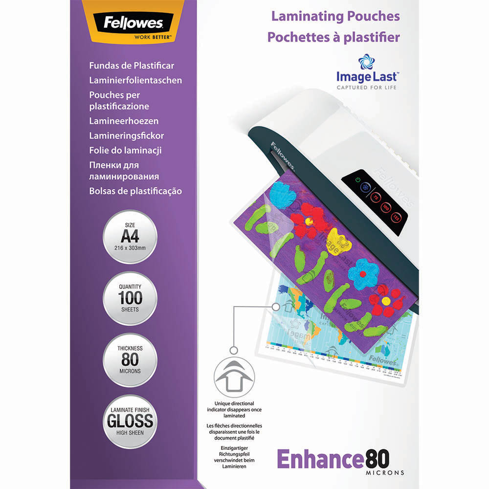 Image for FELLOWES ENHANCE LAMINATING POUCH GLOSS 80 MICRON A4 CLEAR PACK 100 from Darwin Business Machines Office National