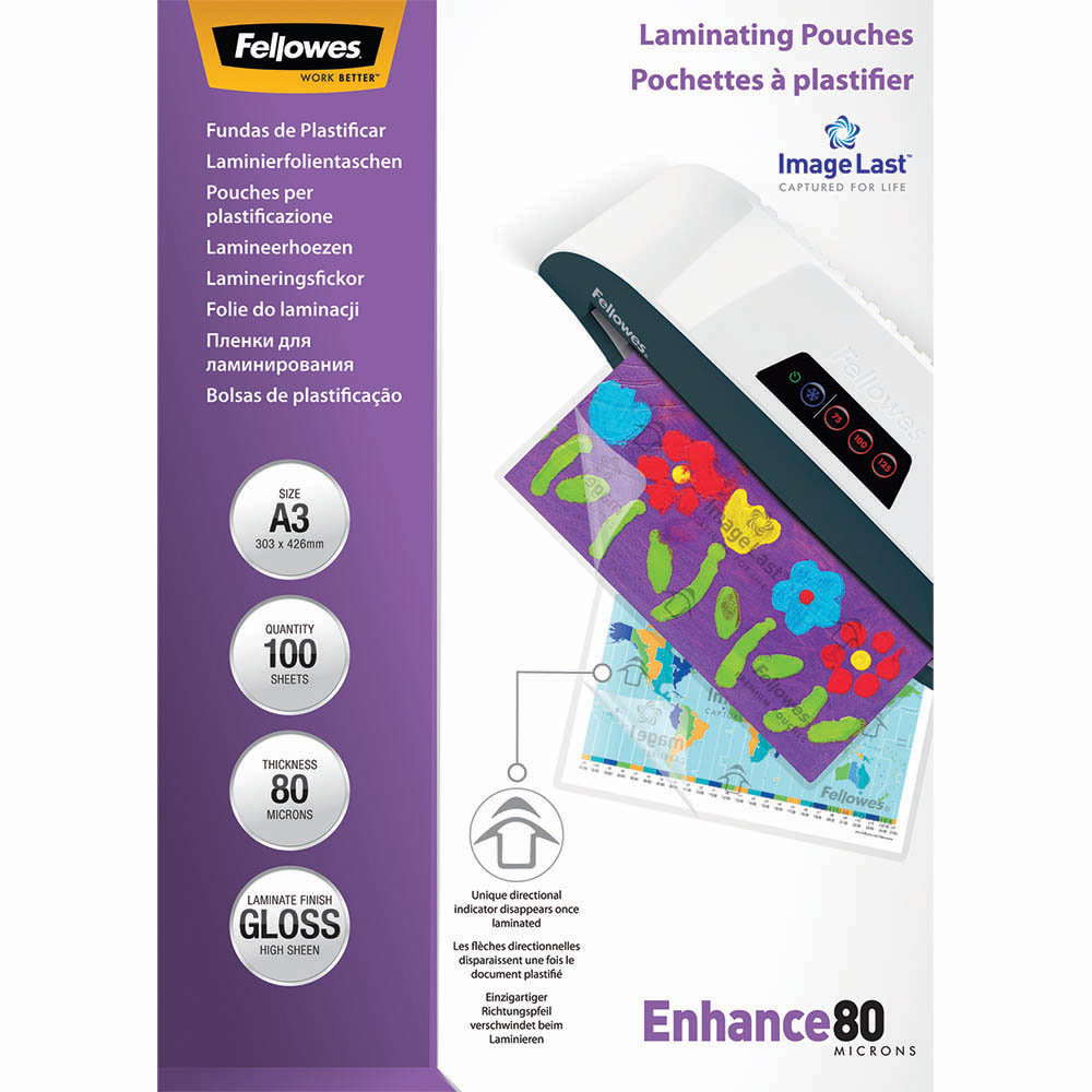 Image for FELLOWES IMAGELAST LAMINATING POUCH GLOSS 80 MICRON A3 CLEAR PACK 100 from Surry Office National