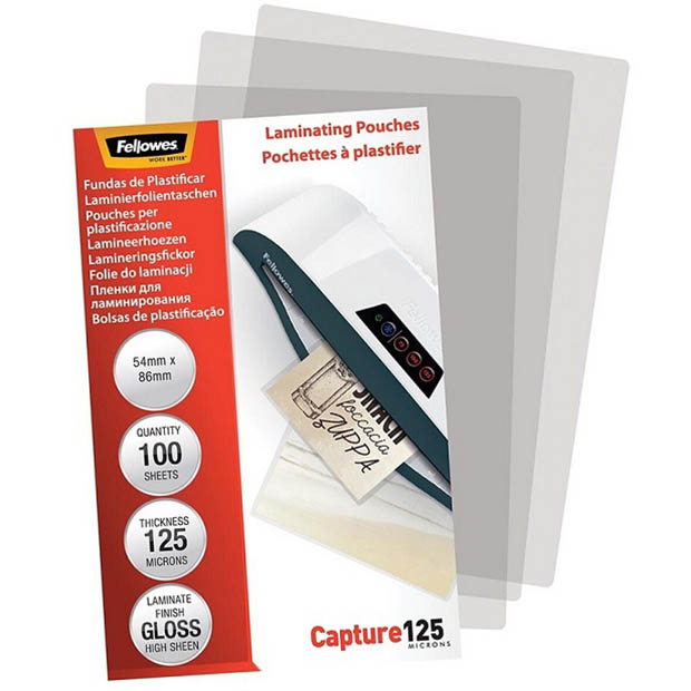 Image for FELLOWES LAMINATING POUCH GLOSS 125 MICRON 54 X 86MM CLEAR PACK 100 from Surry Office National