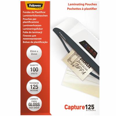 Image for FELLOWES CAPTURE LAMINATING POUCH 125 MICRON GLOSS 65 X 95MM CLEAR PACK 100 from Emerald Office Supplies Office National