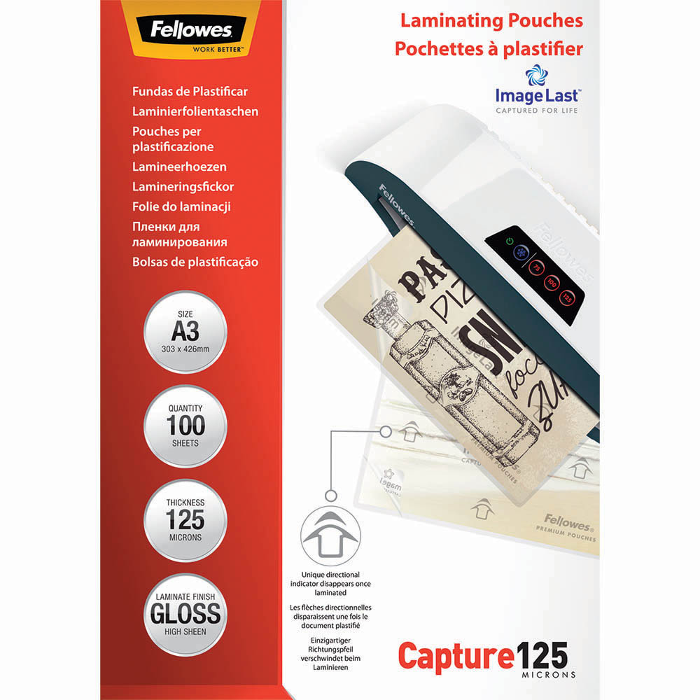 Image for FELLOWES IMAGELAST LAMINATING POUCH GLOSS 125 MICRON A3 CLEAR PACK 100 from Surry Office National