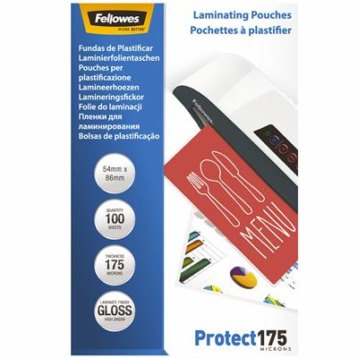 Image for FELLOWES LAMINATING POUCH GLOSS 175 MICRON 54 X 86MM CLEAR PACK 100 from PaperChase Office National