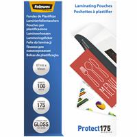 fellowes laminating pouch gloss 175 micron 67 x 99mm clear pack 100
