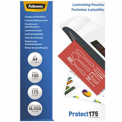 Image for FELLOWES PROTECT LAMINATING POUCH GLOSS 175 MICRON A4 CLEAR PACK 100 from Surry Office National