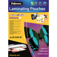 fellowes superquick laminating pouch gloss 80 micron a4 clear pack 100