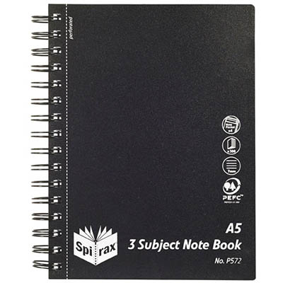 Image for SPIRAX P572 3-SUBJECT NOTEBOOK 7MM RULED SIDE OPEN 300 PAGE A5 BLACK from Office National Whyalla