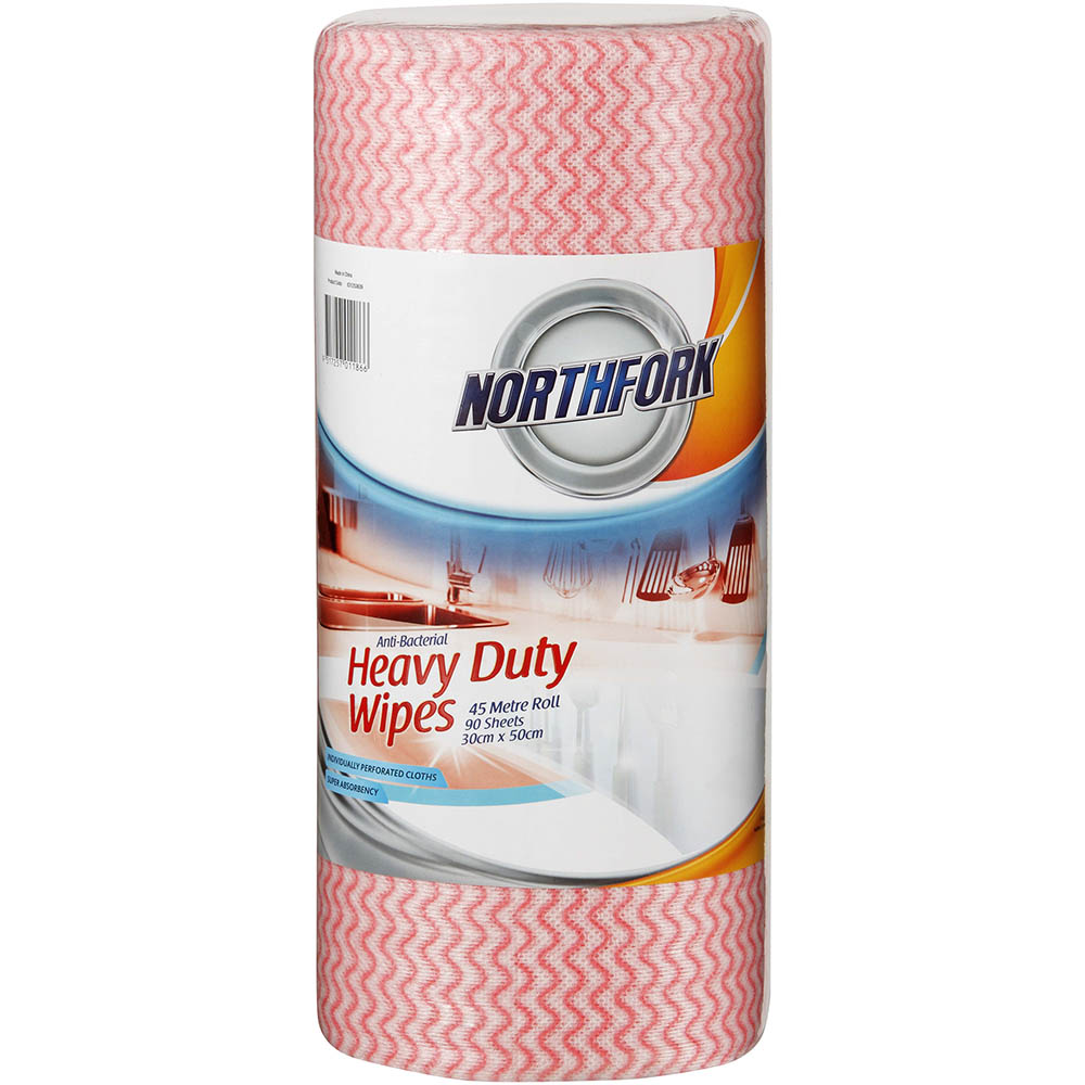 Image for NORTHFORK HEAVY DUTY ANTIBACTERIAL PERFORATED WIPES 45M ROLL RED PACK 90 SHEETS from Office National Sydney Stationery