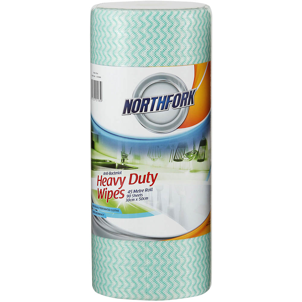 Image for NORTHFORK HEAVY DUTY ANTIBACTERIAL PERFORATED WIPES 45M ROLL GREEN PACK 90 SHEETS from Aztec Office National