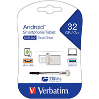 verbatim android smartphone/tablet usb3.0 dual drive silver 32gb