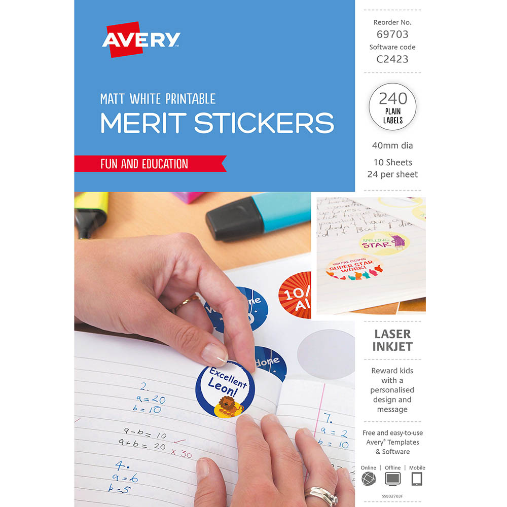 Image for AVERY 69703 C2423 MERIT STICKERS PRINTABLE LASER CIRCLES 40MM PACK 240 from OFFICE NATIONAL CANNING VALE