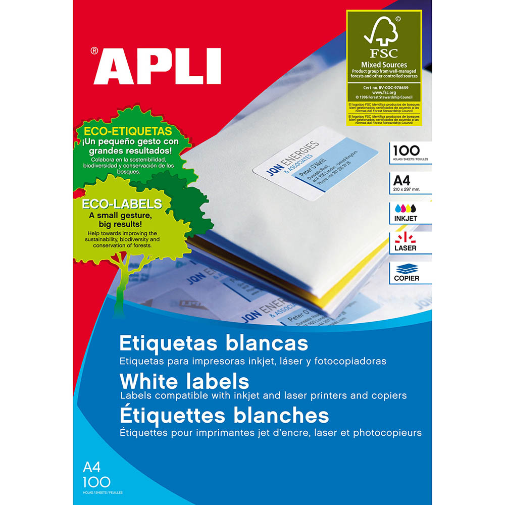 Image for APLI 2411 GENERAL USE LABELS SQUARE CORNERS 10UP 99 X 57MM A4 WHITE PACK 100 SHEETS from Surry Office National