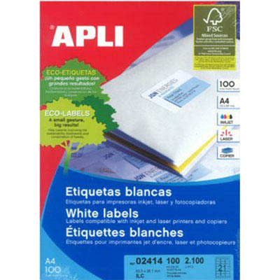 Image for APLI 2414 GENERAL USE LABELS ROUND CORNERS 21UP 63.5 X 38.1MM A4 WHITE 100 SHEETS from Pirie Office National