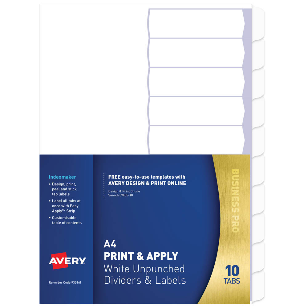 Image for AVERY 930161 L7455-10 DIVIDER UNPUNCHED PRINT AND APPLY 1-10 TAB A4 WHITE from Ezi Office National Tweed