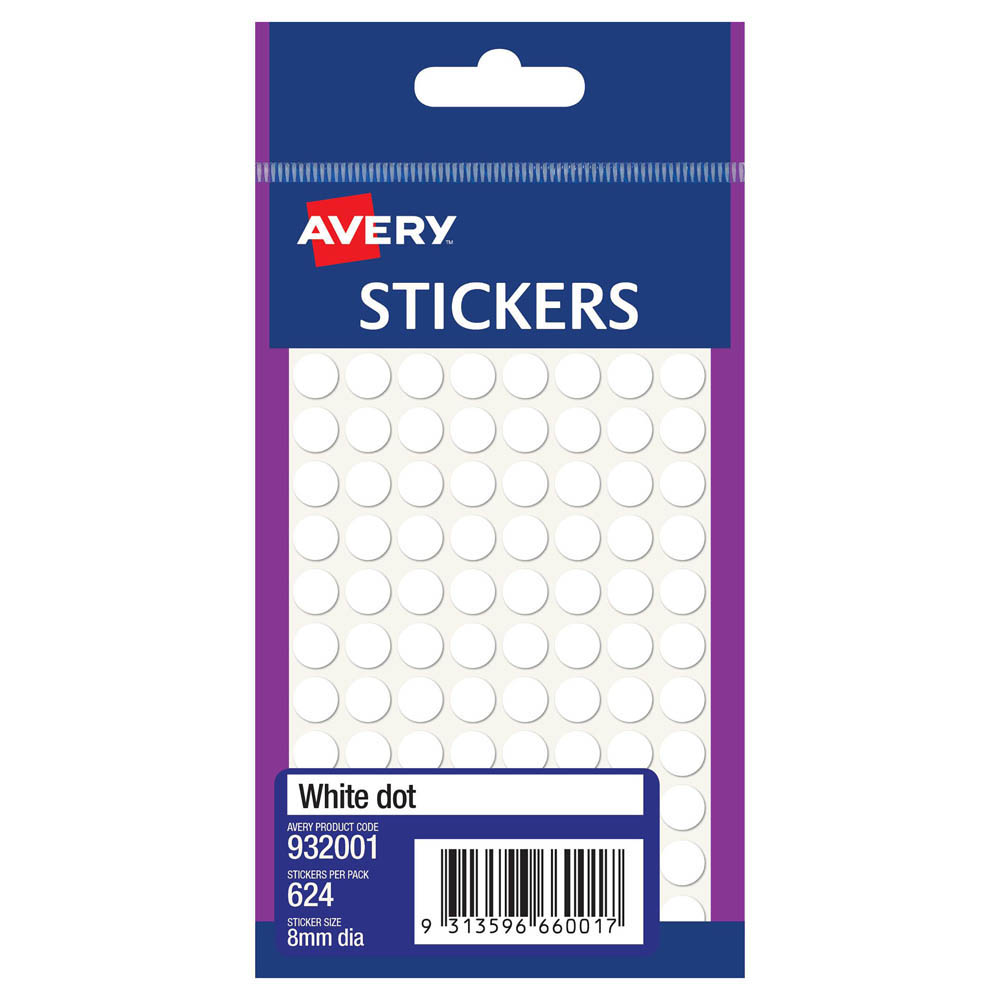 Image for AVERY 932001 MULTI-PURPOSE STICKERS CIRCLE 8MM WHITE PACK 624 from Emerald Office Supplies Office National