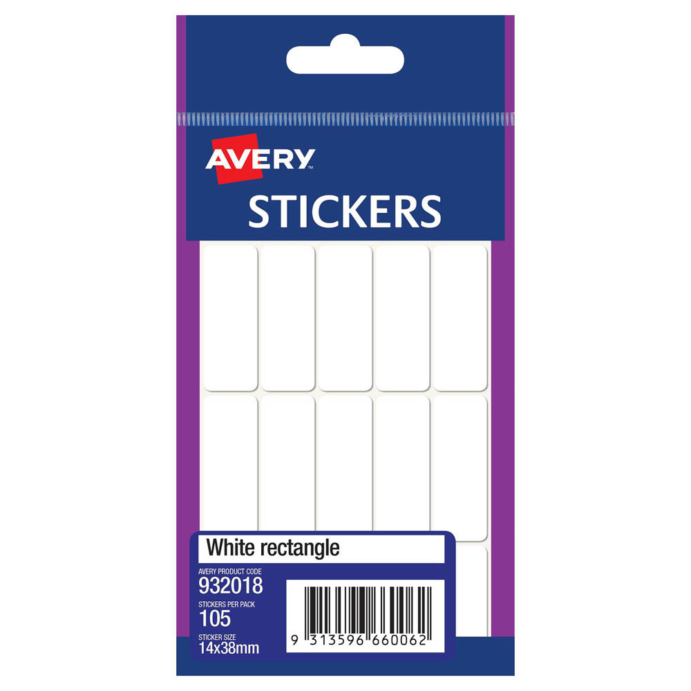 Image for AVERY 932018 MULTI-PURPOSE STICKERS RECTANGLE 14 X 38MM WHITE PACK 105 from Surry Office National