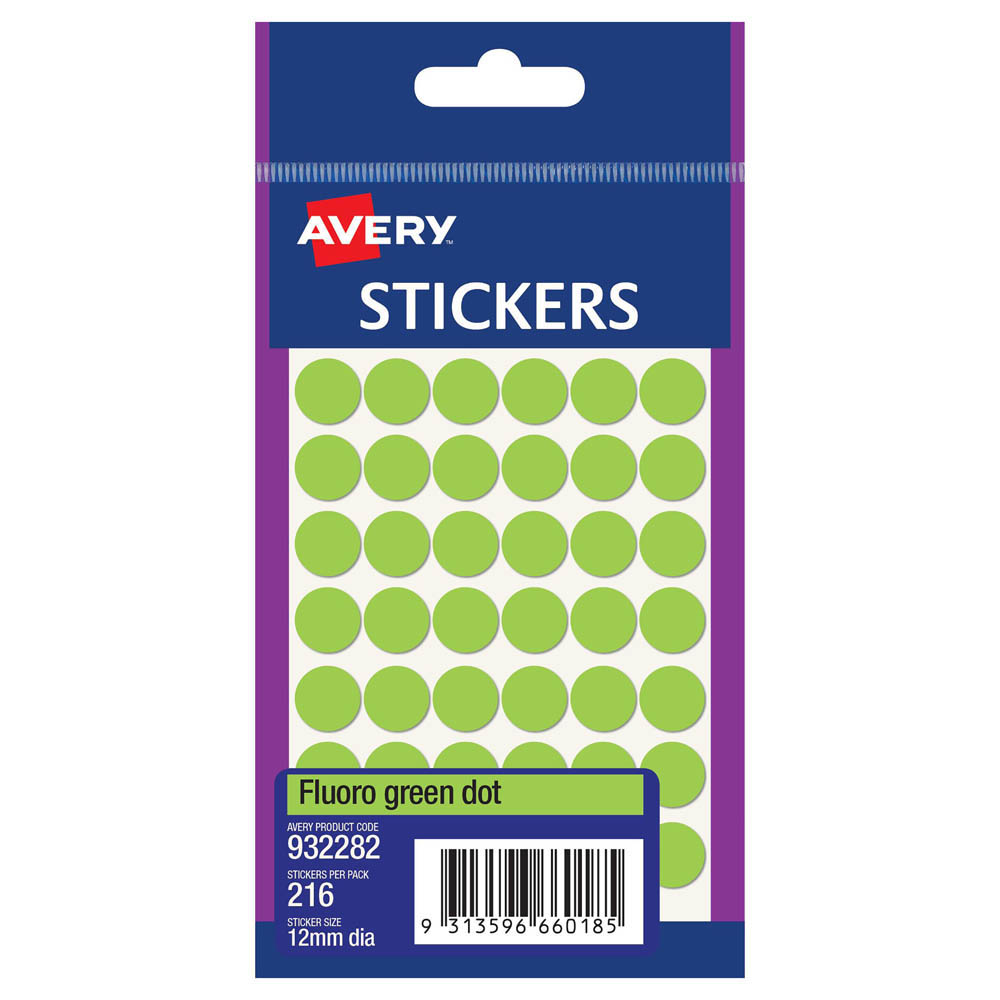 Image for AVERY 932282 MULTI-PURPOSE STICKERS CIRCLE 12MM FLURO GREEN PACK 216 from Surry Office National