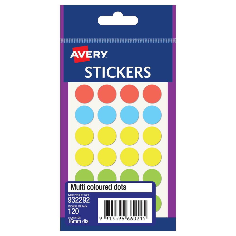 Image for AVERY 932292 MULTI-PURPOSE STICKERS CIRCLE 16MM MULTI COLOURED PACK 140 from Office National Perth CBD