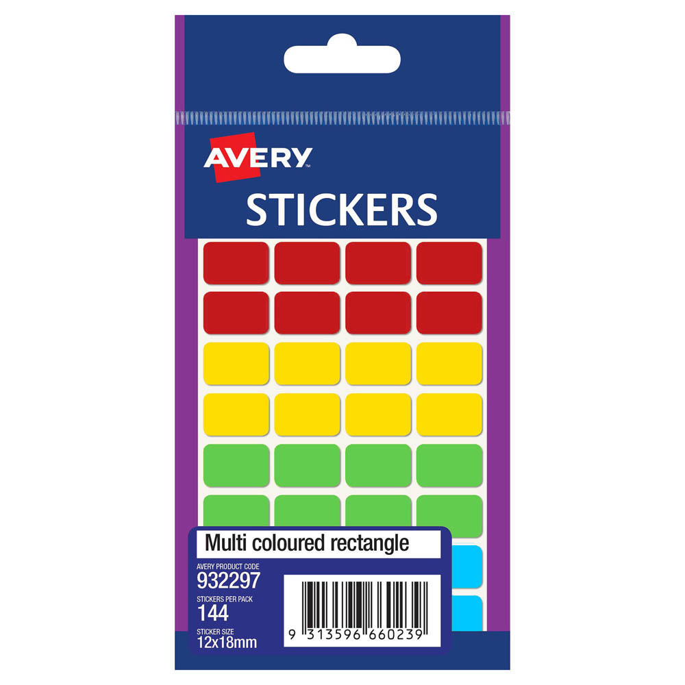 Image for AVERY 932297 MULTI-PURPOSE STICKERS RECTANGLE 18 X 12MM MULTI COLOURED PACK 144 from Emerald Office Supplies Office National