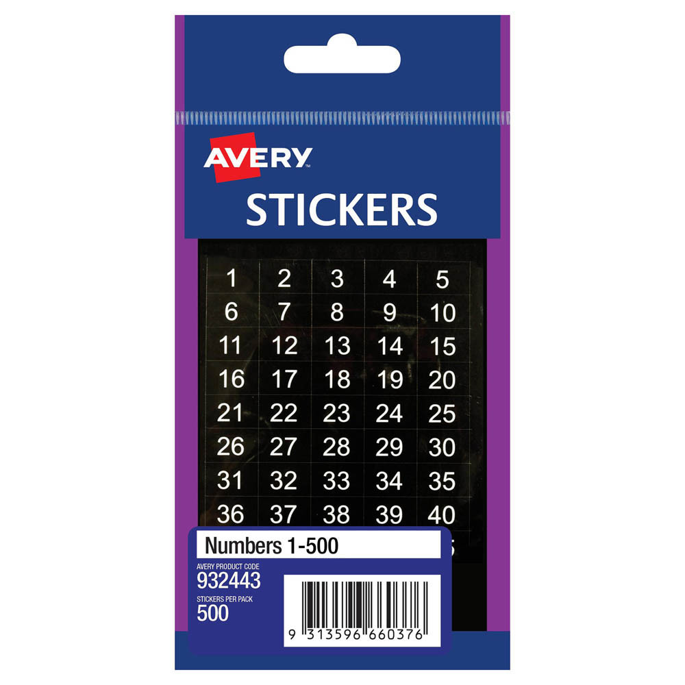 Image for AVERY 932443 MULTI-PURPOSE STICKERS 1-500 12 X 12MM WHITE ON BLACK PACK 500 from OFFICE NATIONAL CANNING VALE