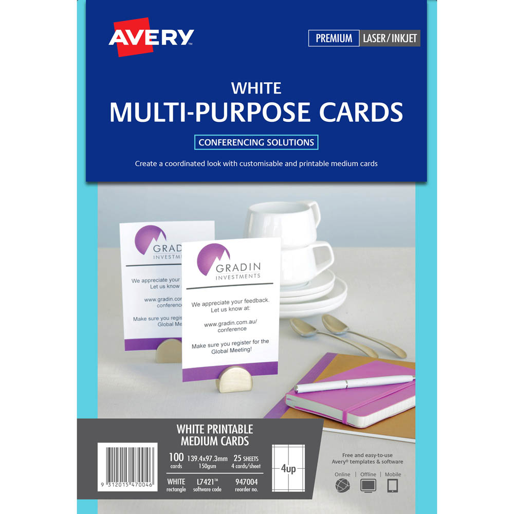 Image for AVERY 947004 L7421 LASER POST CARDS 139.37 X 97.29MM 4UP 150GSM PACK 25 SHEETS from Office National Barossa