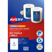 avery 959151 l7169rev removable multi-purpose label laser/inkjet 4up matt white pack 25